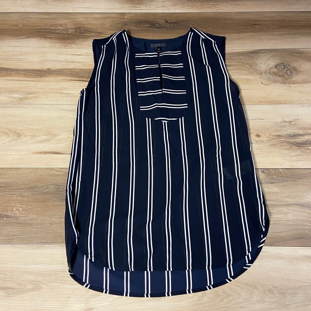 J.Crew Sleeveless Blouse 00 Striped Bib Front Polyester Relaxed Navy White